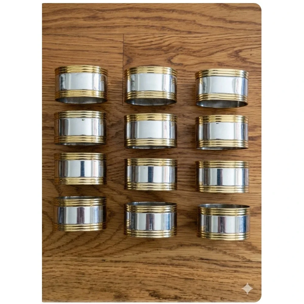 Vintage Mixed Metal Napkin Rings Set of 12 Two Tone Silver Gold Oval Ribbed MCM